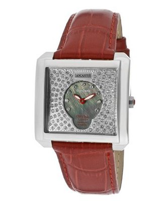 Silver With Black MOP Dial & White Swarovski Crystal Red Genuine Leather