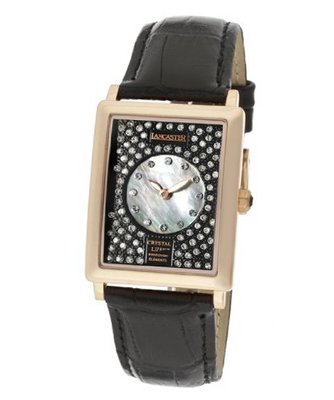 uLancaster Italy Black With White MOP Dial & White Swarovski Crystal Black Genuine Leather 