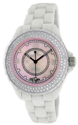 Le Chateau #5802_PINK Crystal Accented Mid Size White Ceramic Pink MOP Dial