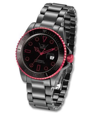 LTD Unisex LTD-031802 Ceramic Diver Black Ceramic With Red Aluminium Anodized Plated Bezel