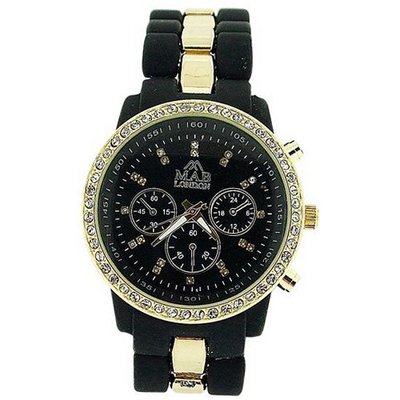 Mab London Ladies Stone Set Black Dial Black & Gold Tone Rubberised Strap