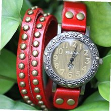 MagicPiece Handmade Vintage Style Leather For  Big Round Dial Leather Wrap with Rivet in 4 Colors: Red