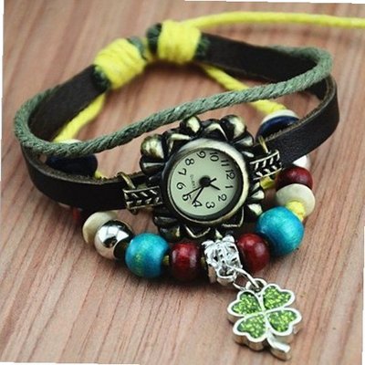 MagicPiece Handmade Vintage Style Leather For  Clover Pendant and Wooden Beads