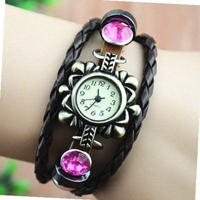 MagicPiece Handmade Vintage Style Leather For  Flower Shape with Leather Belt and Rhinestone in 3 Colors-Hot Pink