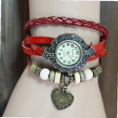 MagicPiece Handmade Vintage Style Leather For  Heart Pendant and Wooden Beads in 5 Colors: Red