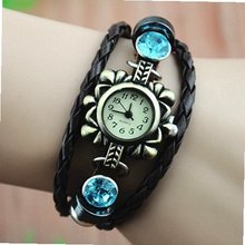 MagicPiece Handmade Vintage Style Leather For MagicPiece Handmade Vintage Style Leather For  Flower Shape with Leather Belt and Rhinestone in 3 Colors-Blue