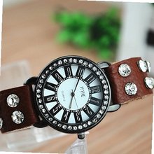 MagicPiece Handmade Vintage Style Leather For  Round Rhinestone Dial in 4 Colors: Brown