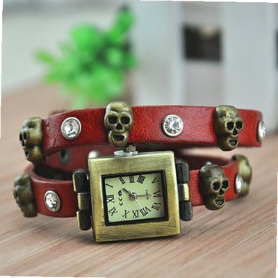 MagicPiece Handmade Vintage Style Leather For  Skull and Rhinestone Wrap in 3 Colors:Red
