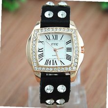 MagicPiece Handmade Vintage Style Leather For  Square Face Double Rhinestone Line Belt in 4 Colors: Black
