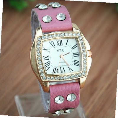 MagicPiece Handmade Vintage Style Leather For  Square Face Double Rhinestone Line Belt in 4 Colors: Pink