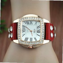 MagicPiece Handmade Vintage Style Leather For  Square Face Double Rhinestone Line Belt in 4 Colors: Red