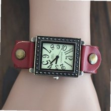 MagicPiece Handmade Vintage Style Leather For  Square Shape Dial with Leather Belt in 4 Colors: Red