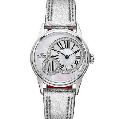 Ladies Marvin Off-centered Diamond Accented Dial Silver Leather Swiss Made