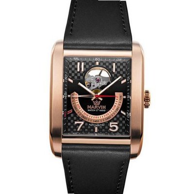 Marvin Rose Gold Automatic Swiss Made Open Heart Black Dial Black Leather