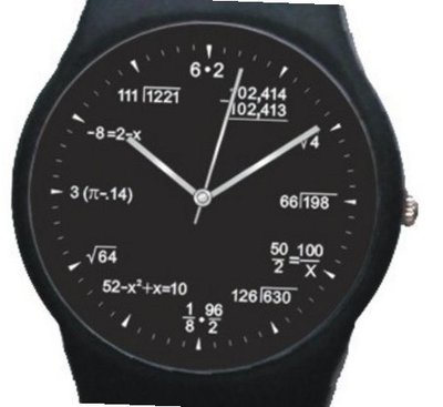 "Math Blackboard Dial" Shows Math Equations At Each Hour Indicator of the Round Black Plastic with Black Plastic Strap.