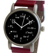 "Math Dial" Shows Physics Equations At Each Hour Indicator on the Black Dial of the Brushed Chrome with Red Leather Strap