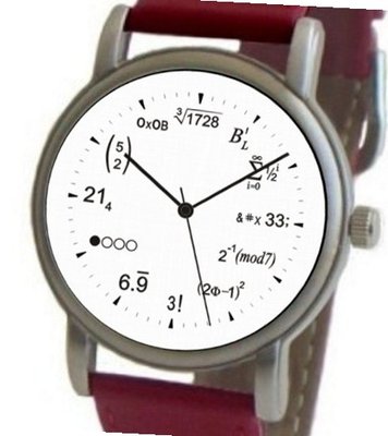 "Math Dial" Shows Physics Equations At Each Hour Indicator on the White Dial of the Brushed Chrome with Red Leather Strap