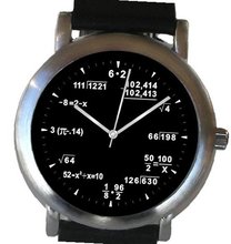 "Math Dial" Shows Pop Quiz Equations At Each Hour Indicator on the Black Dial of the Brushed Chrome with Black Leather Strap