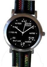 "Math Dial" Shows Pop Quiz Equations At Each Hour Indicator on the Black Dial of the Brushed Chrome with Black Leather Strap and Rainbow Color Stitching