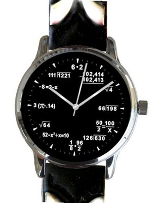 "Math Dial" Shows Pop Quiz Equations At Each Hour Indicator on the Black Dial of the Large Polished Chrome with Decorative Black Leather Strap