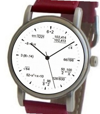 "Math Dial" Shows Pop Quiz Equations At Each Hour Indicator on the White Dial of the Brushed Chrome with Red Leather Strap