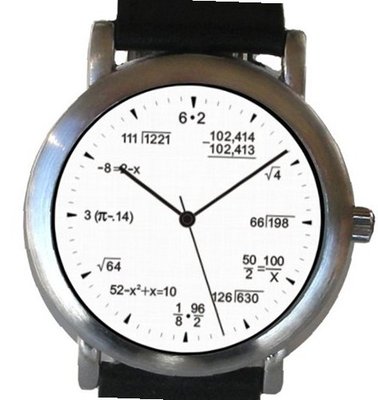 "Math Dial" Shows Pop Quiz Equations At Each Hour Indicator on the White Dial of the Brushed Chrome with Black Leather Strap