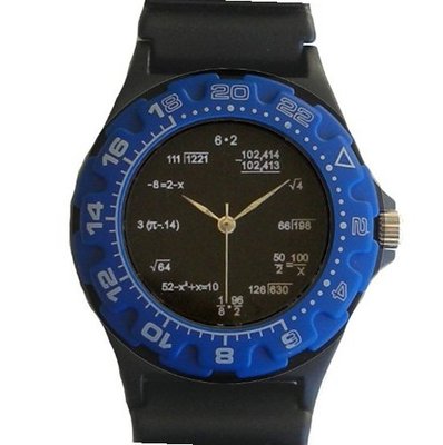 "Math Dial" Shows Pop Quiz Math Equations At Each Hour Indicator on the Black Dial of the Black Plastic Sport with a Blue Plastic 24 Hour Turning Bezel and a Black Plastic Strap