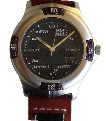 "Math Dial" Shows Pop Quiz Math Equations At Each Hour Indicator on the Black Dial of the Brushed Chrome Sport with a Turning Elapsed Time Bezel and a 2-tone Brown Leather and Black Nylon Strap