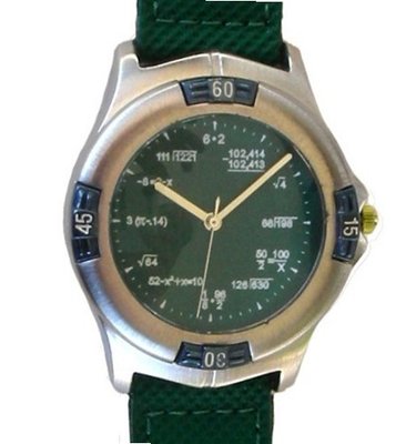 "Math Dial" Shows Pop Quiz Math Equations At Each Hour Indicator on the Green Dial of the Brushed Chrome Sport with a Turning Elapsed Time Bezel and a 2-tone Green Nylon and Leather Strap