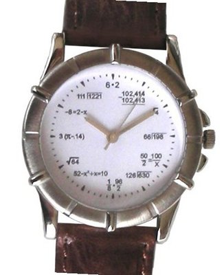 "Math Dial" Shows Pop Quiz Math Equations At Each Hour Indicator on the White Dial of the 2-tone Polished and Brushed Chrome with Brown Croc Design Leather Strap and Metal Keeper