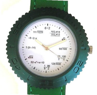 "Math Dial" Shows Pop Quiz Math Equations At Each Hour Indicator on the White Dial of the Polished Chrome Sport with a Green Decorative Bezel and a Green Leather Strap