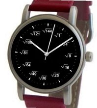 "Math Dial" Shows Square Root Equations At Each Hour Indicator on the Black Dial of the Brushed Chrome with Red Leather Strap