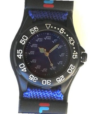 "Math Dial" Shows Square Root Equations At Each Hour Indicator on the Navy Blue Dial of the Small Black Plastic Sport with a Black Turning Elapsed Time Bezel and a Blue Nylon Strap with Black Accessories