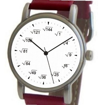 "Math Dial" Shows Square Root Equations At Each Hour Indicator on the White Dial of the Brushed Chrome with Red Leather Strap