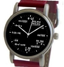 uMath Time "Math Dial" Shows Pop Quiz Equations At Each Hour Indicator on the Black Dial of the Brushed Chrome with Red Leather Strap 
