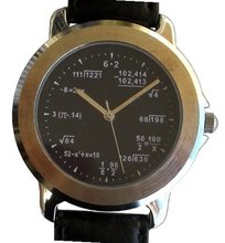 uMath Time "Math Dial" Shows Pop Quiz Math Equations At Each Hour Indicator on the Black Dial of the 2-tone Polished and Brushed Chrome with Black Leather Strap 