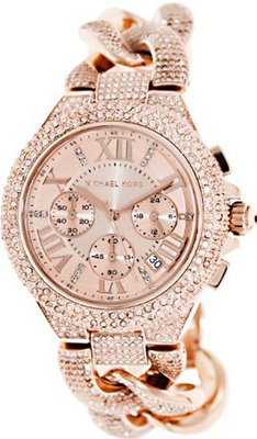 Michael Kors MK3196 reese chronograph rose gold dial rose gold glitz chain link bracelet women NEW
