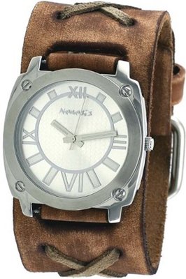 Nemesis #BFXB066S Light Brown Silver Dial Wide Leather Cuff Band