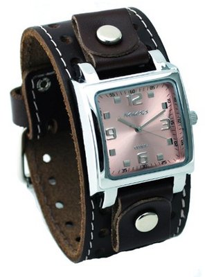 Nemesis #BSTH516P Dark Brown Wide Leather Cuff Band Analog Pink Dial