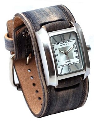 Nemesis #FHST013S Gray Wide Leather Cuff Band Rectangular Silver Dial