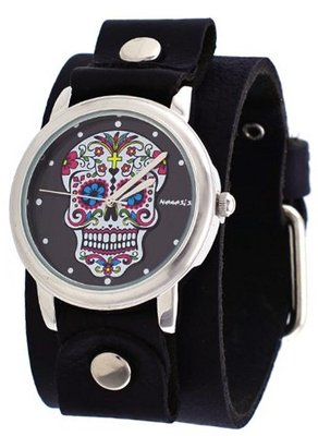 Nemesis #GB925K Rock Collection Sugar Skull Black Wide Leather Cuff Band