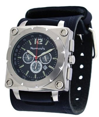 Nemesis #KIN085K Stainless Steel Wide Leather Cuff Chronograph