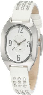 Nine West NW/1303SVWT Oval Silver-Tone Studded White Strap