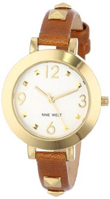 Nine West NW/1498SVBN Gold-Tone Pyramid Studded Brown Strap