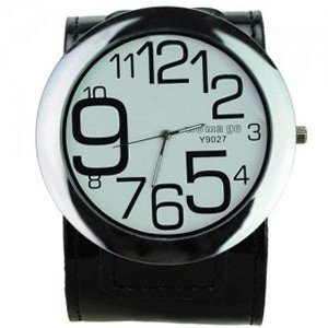 Elegant PU Leather Band Round Dial Big Digit Quartz Movement with Waterproof and Stainless Steel Back -Black