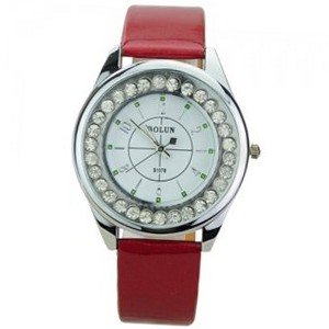 Elegant PU Leather Band Round Dial Rhinestones Quartz Movement with Waterproof and Stainless Steel Back-White dial and red band
