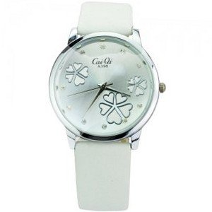 Graceful PU Leather Band Round Dial Embedded Flower Pattern Rhinestones as Scale Quartz Movement-White