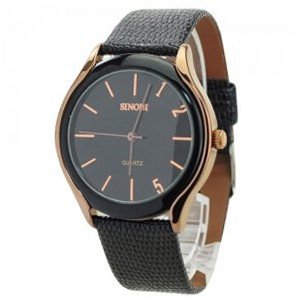 Simple PU Leather Band Round Dial Quartz Movement with Waterproof and Stainless Steel Back-Black band and golden dial