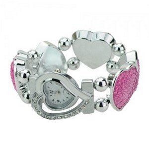 uNumaro Elegant Graceful Rhinestone Stainless Steel Quartz Movement Bracelet Wrist - Pink 