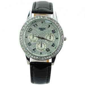 uNumaro Elegant Round Dial Rhinestones Date and Week Quartz Movement with Waterproof and Stainless Steel Back-Black 